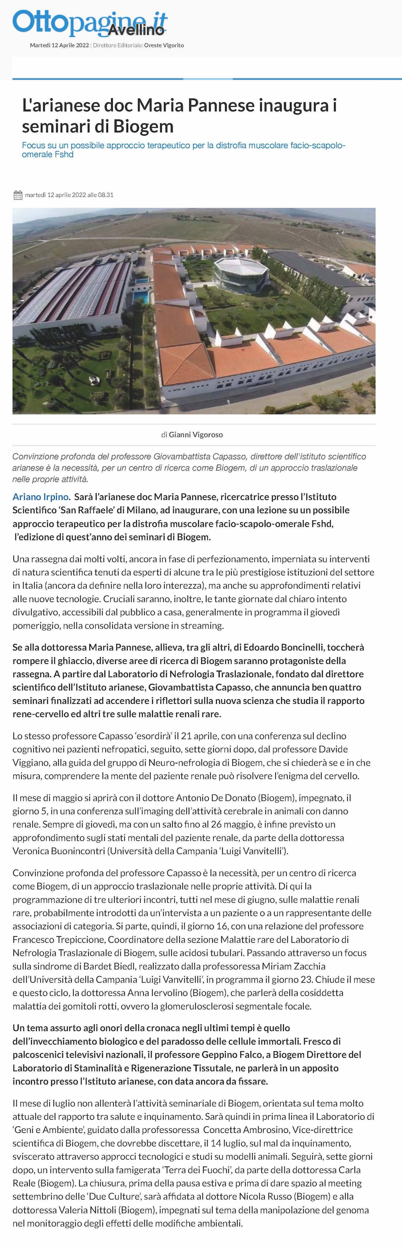 L'arianese doc Maria Pannese inaugura i seminari di Biogem